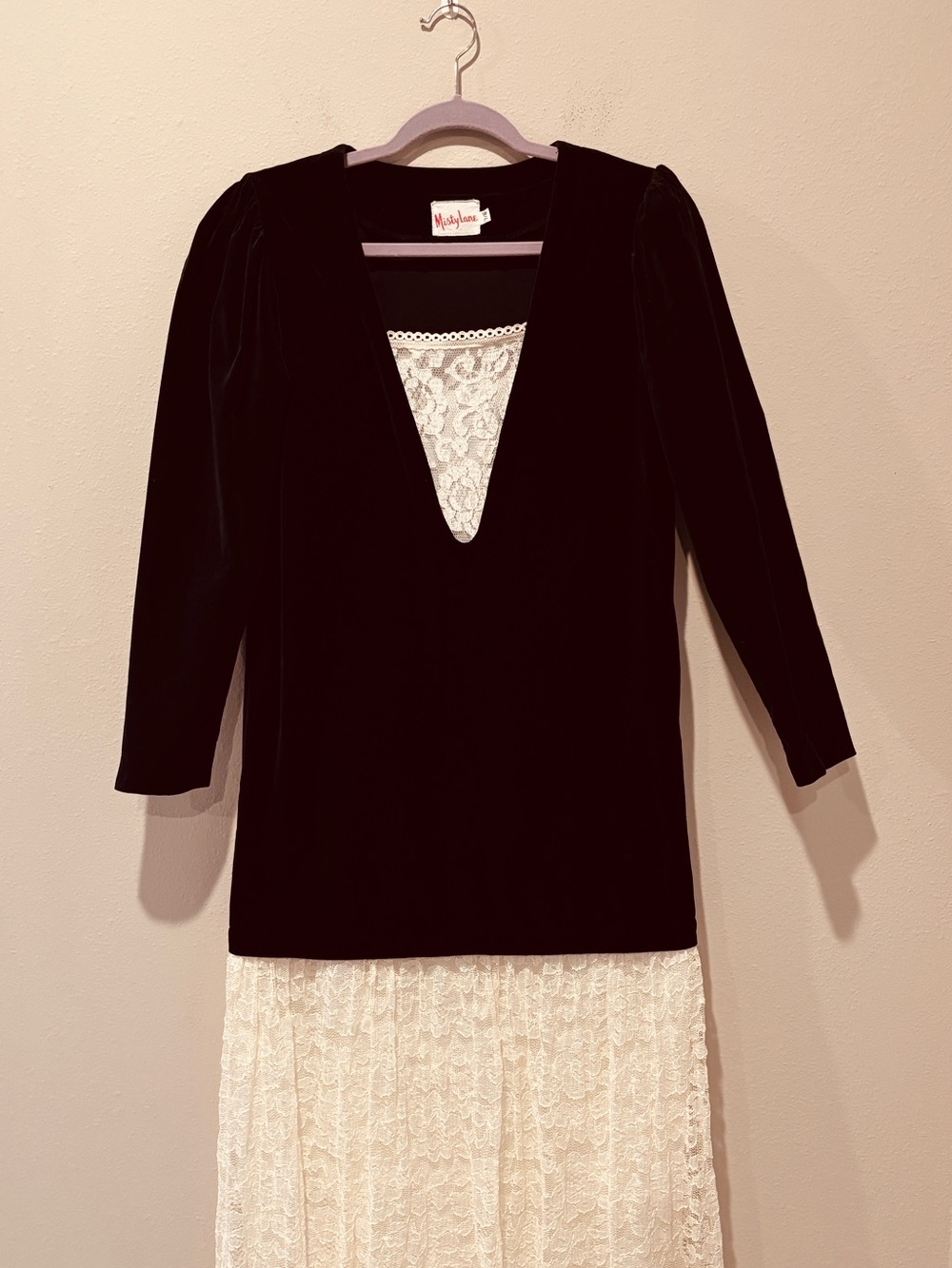 Misty Lane Black Velvet Vintage Cream Lace Dress Classic Retro Feminine Luxury